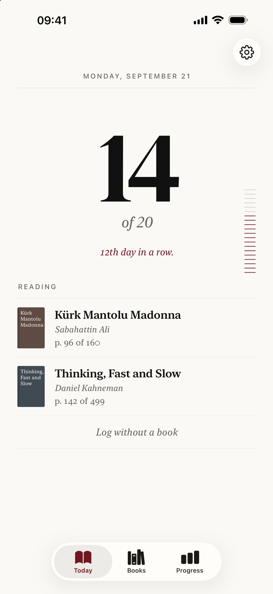 Today: 14 of 20 pages, the twelfth day in a row, and the books being read.