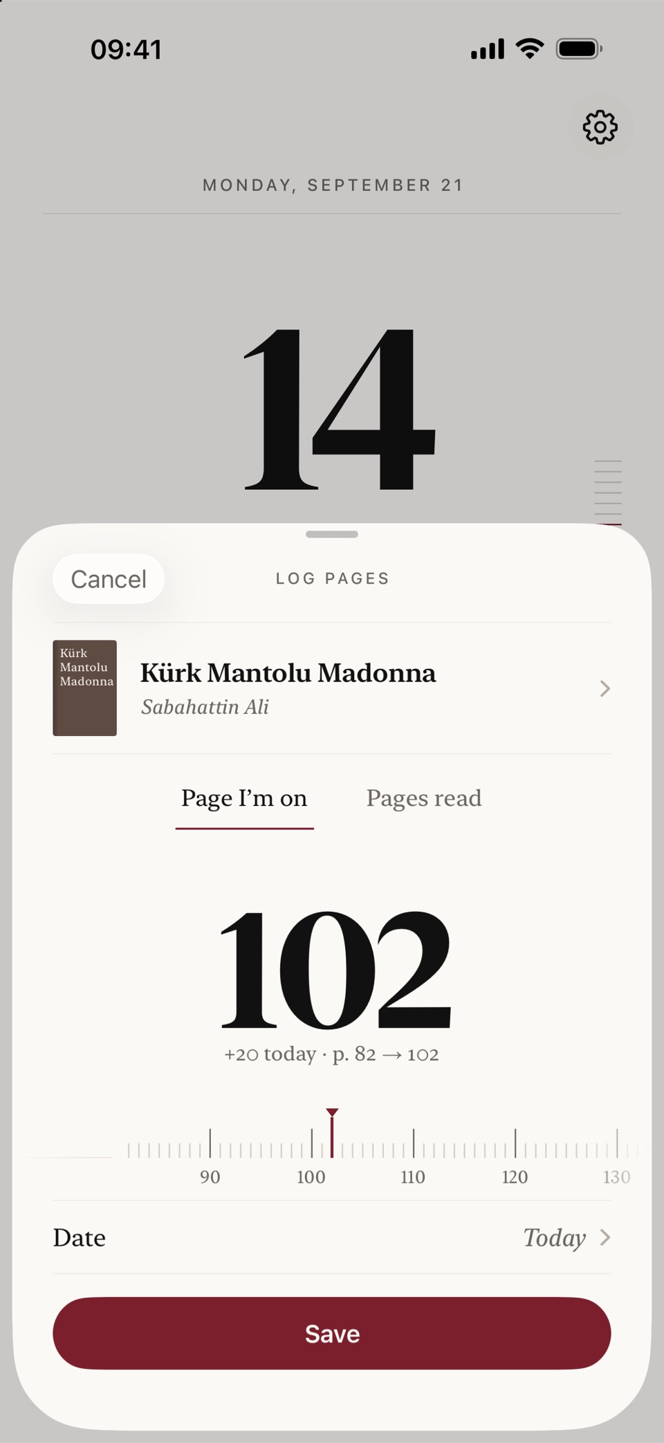 Logging pages: the ruler slid to page 102 of Kürk Mantolu Madonna, 20 pages today.